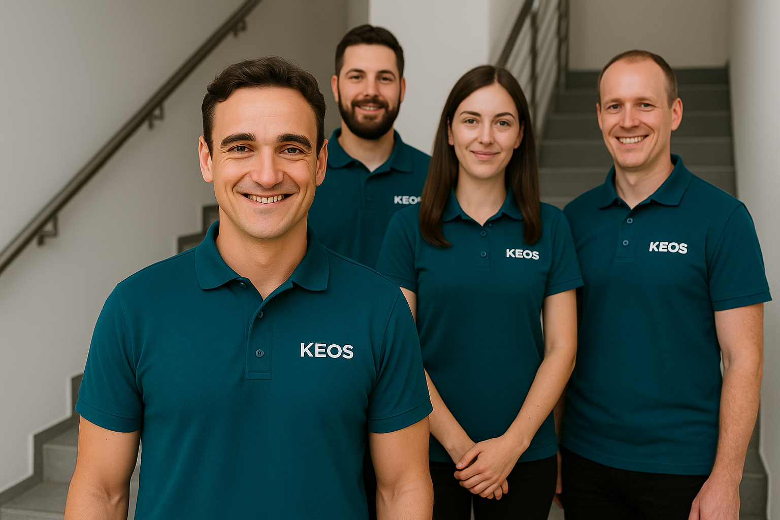 a group of people standing in front of a staircase