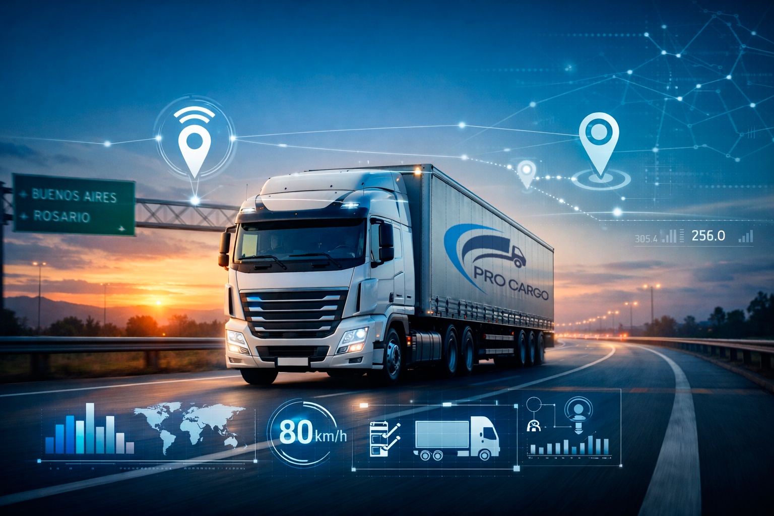 Camión de transporte de carga Pro Cargo en ruta argentina - Logística 2026.