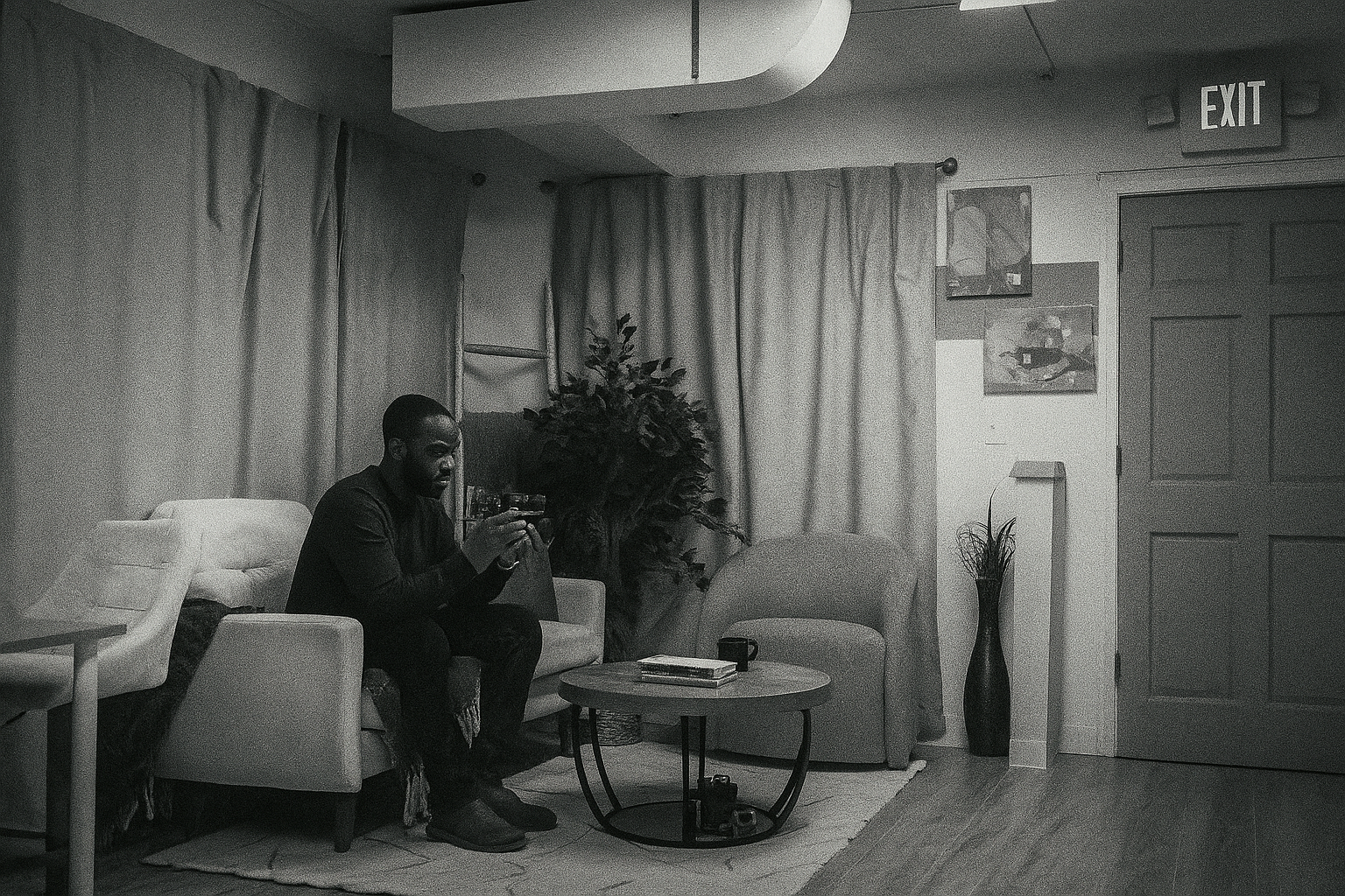 a man sitting on a couch looking at the back of a camera