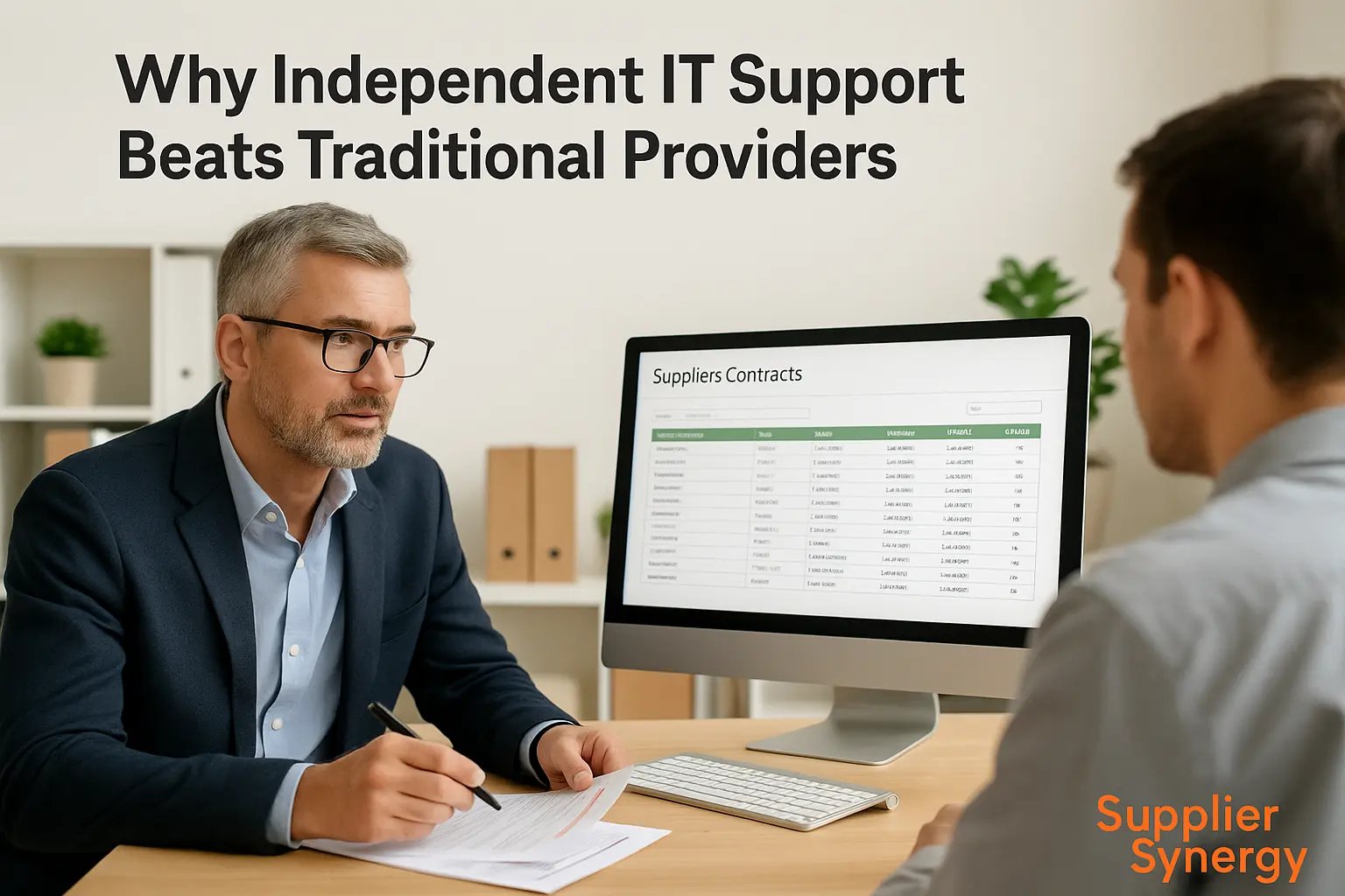 Independent IT consultant meeting with a small business manager in a modern office, discussing supplier contracts on screen, 