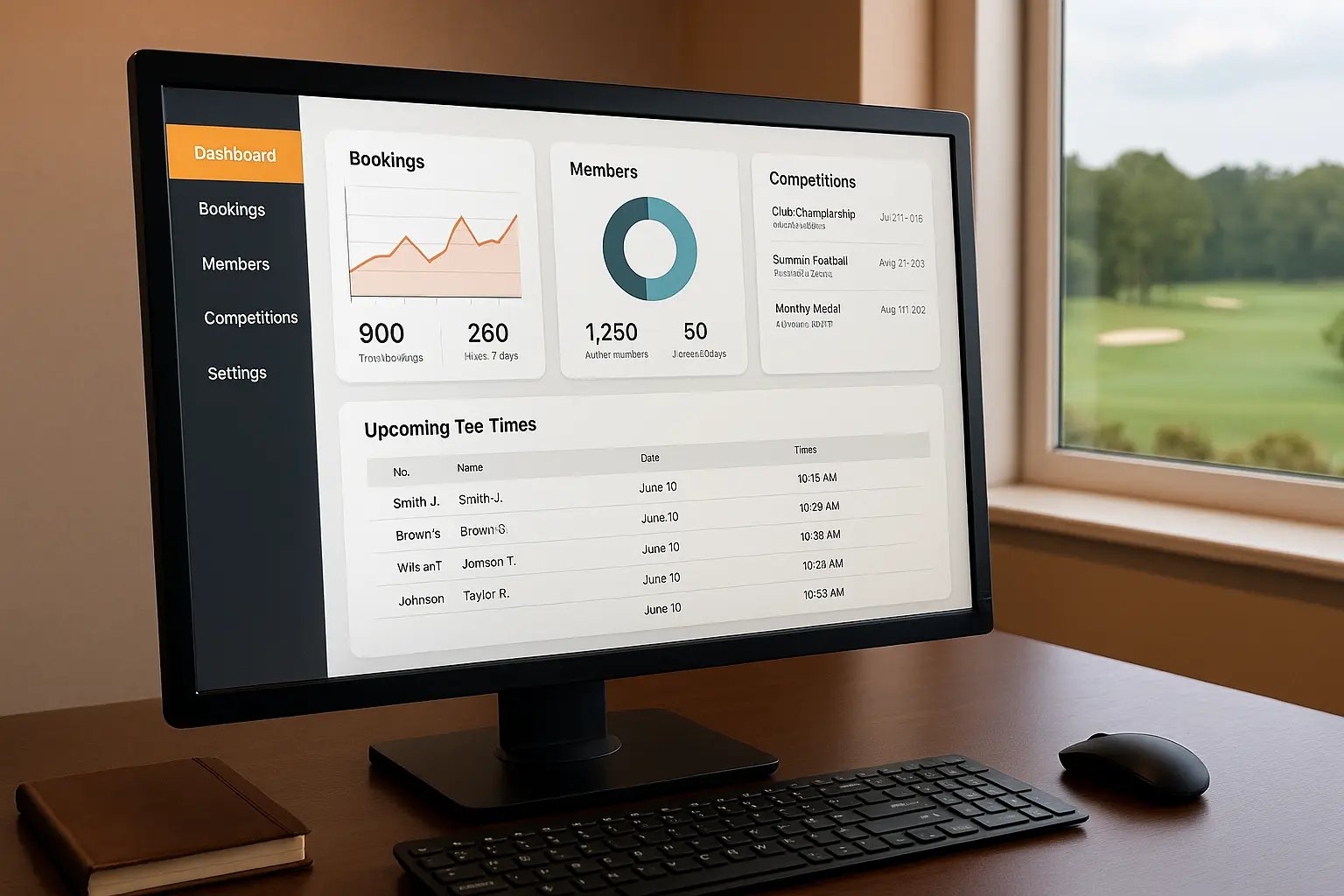 Golf club management dashboard displayed on a desktop monitor showing bookings, members, and competition stats