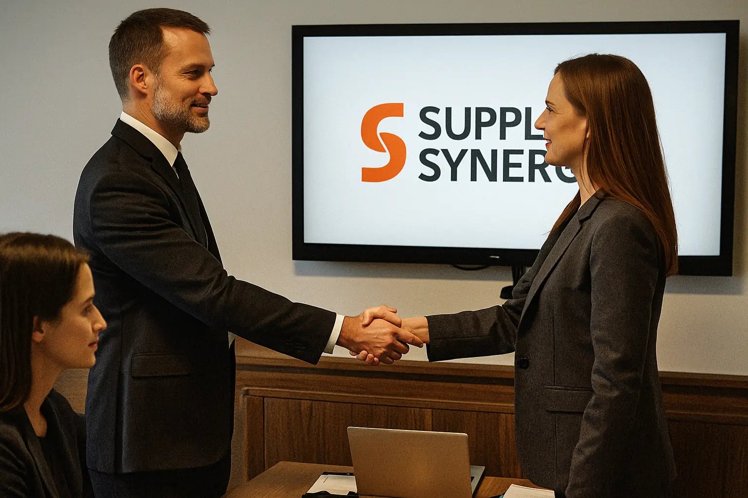 Business consultant shaking hands with client in a modern office meeting room, with the Supplier Synergy logo displayed on a 