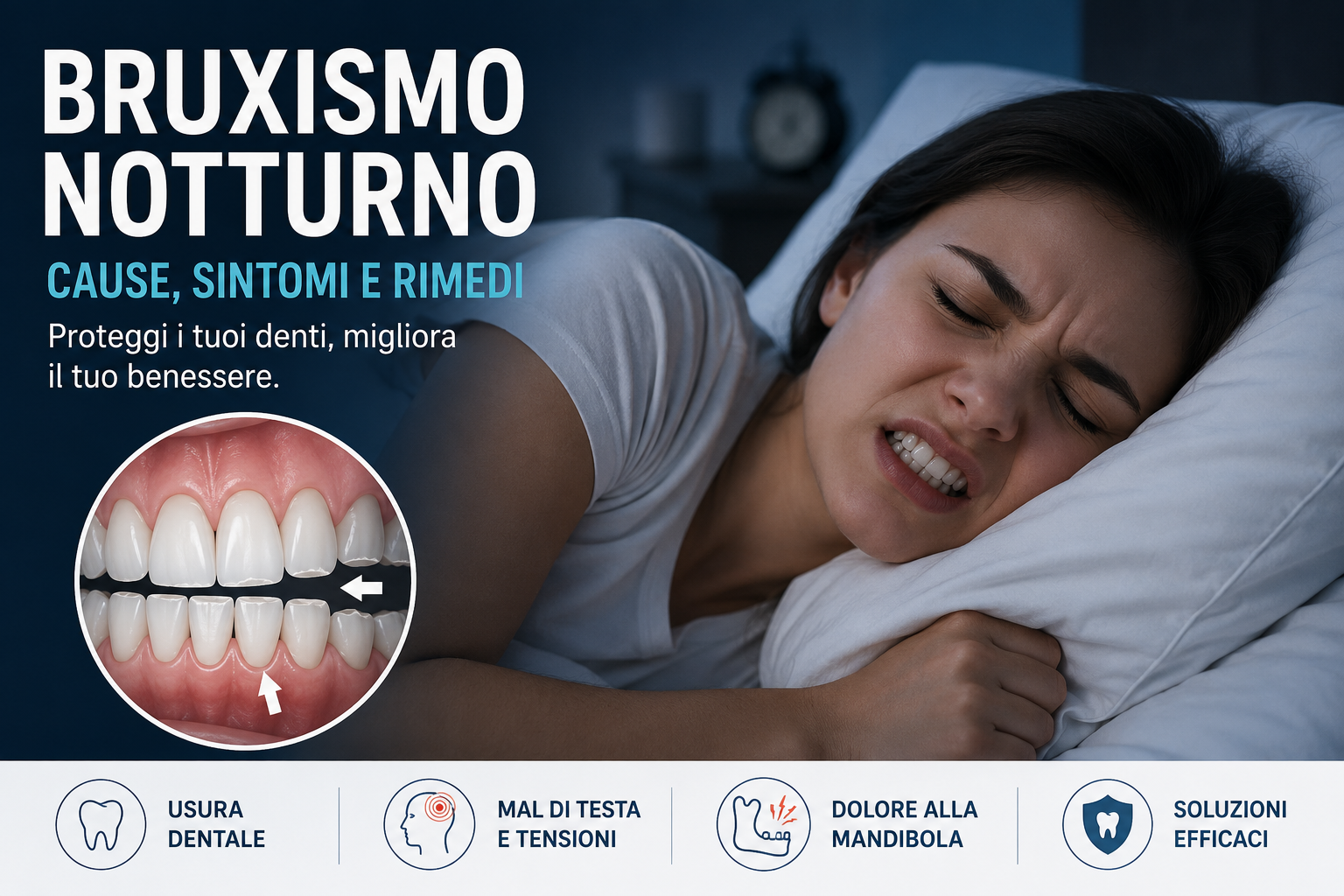 Donna che soffre di bruxismo notturno e digrignamento dei denti durante il sonno.