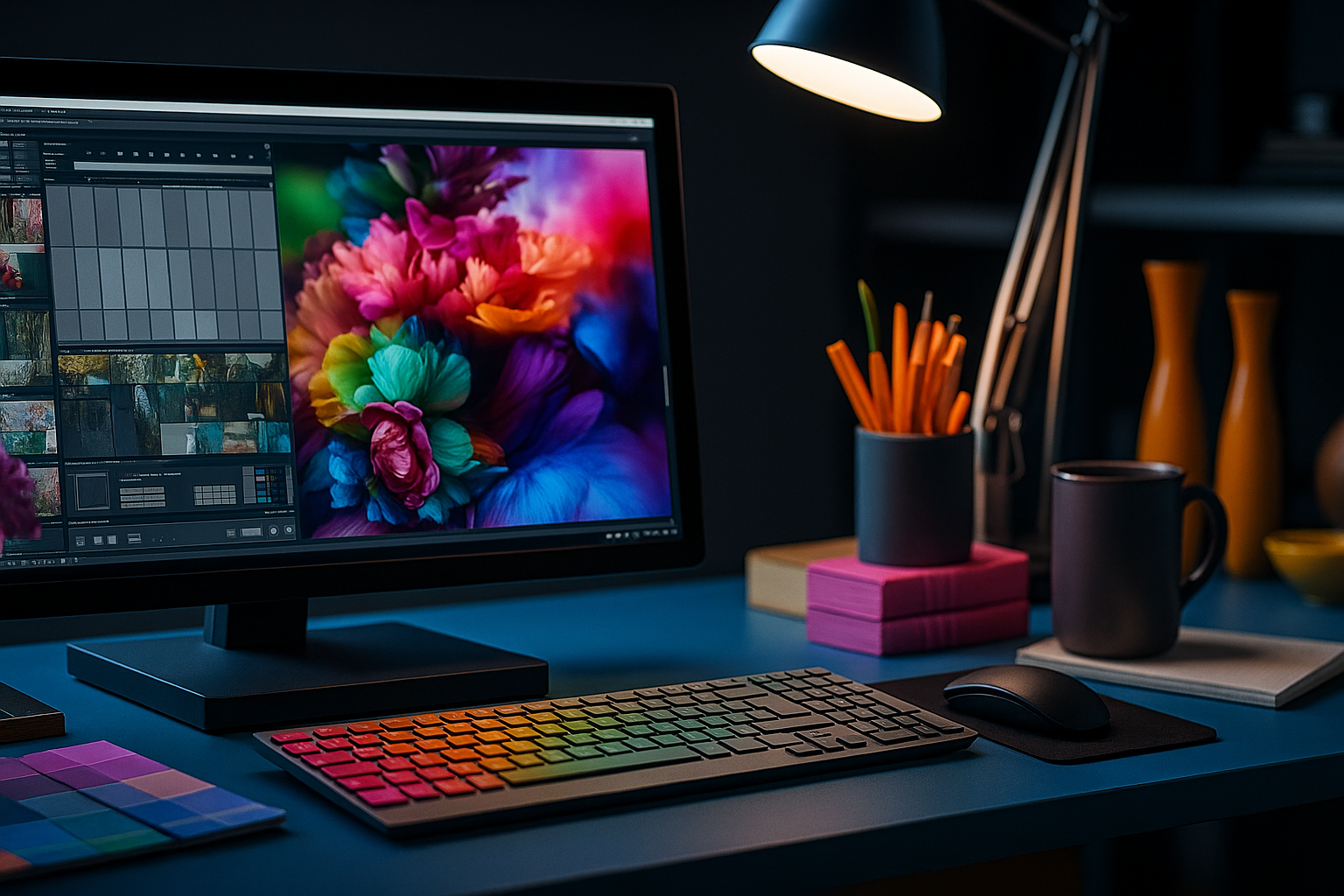 A modern designer’s workspace featuring a high-resolution monitor