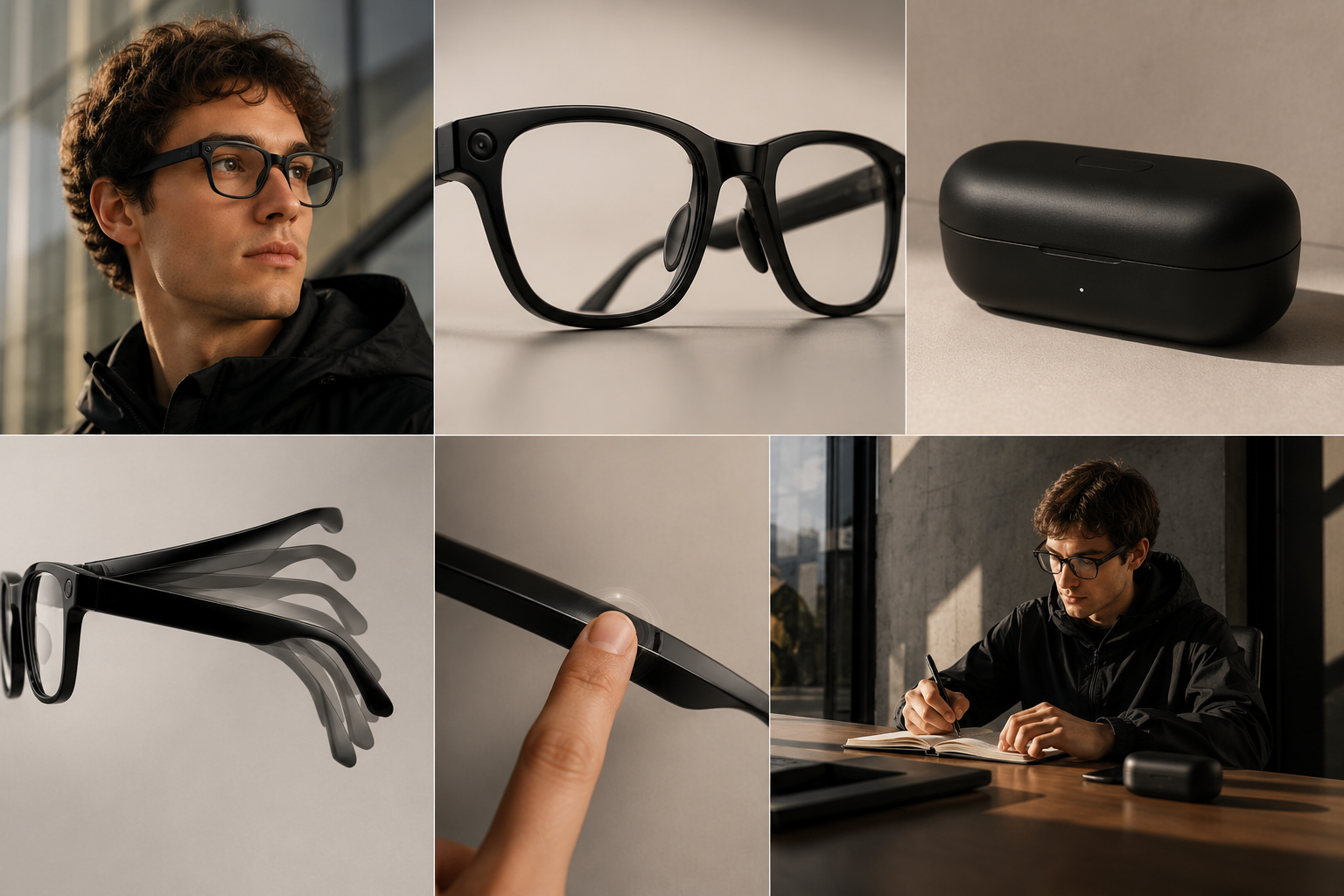 Lunettes connectées premium avec verres photochromiques, contrôle tactile et boîtier de recharge.