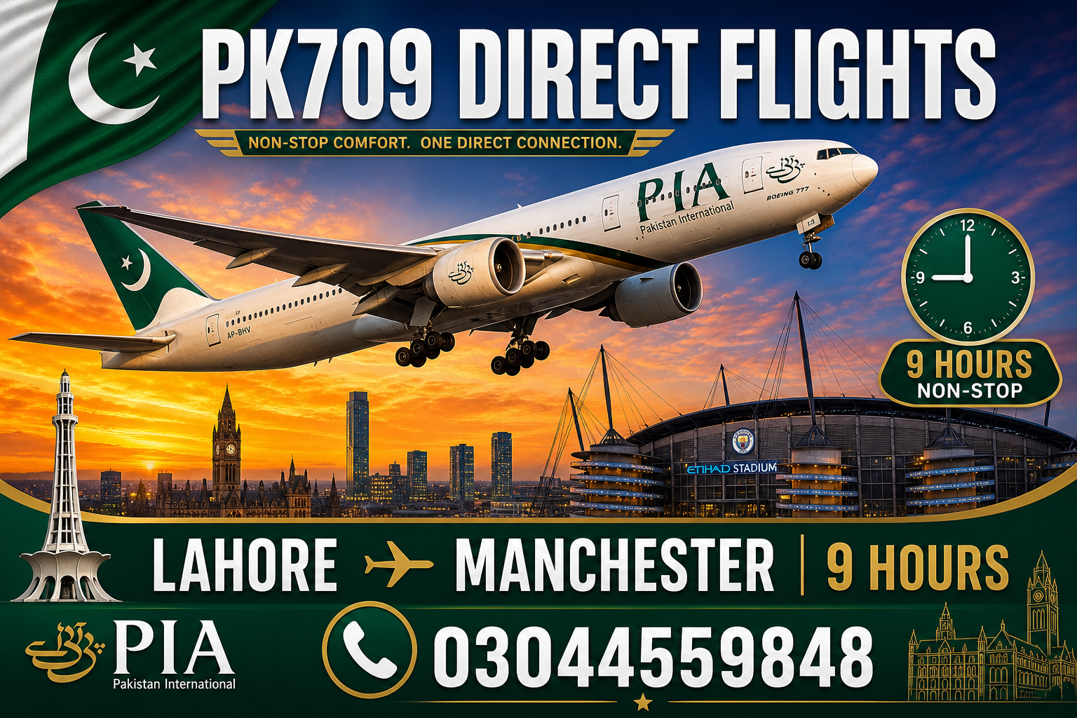 PIA Boeing 777 flying from Lahore to Manchester on a PK709 direct flight over the Etihad Stadium at sunset.