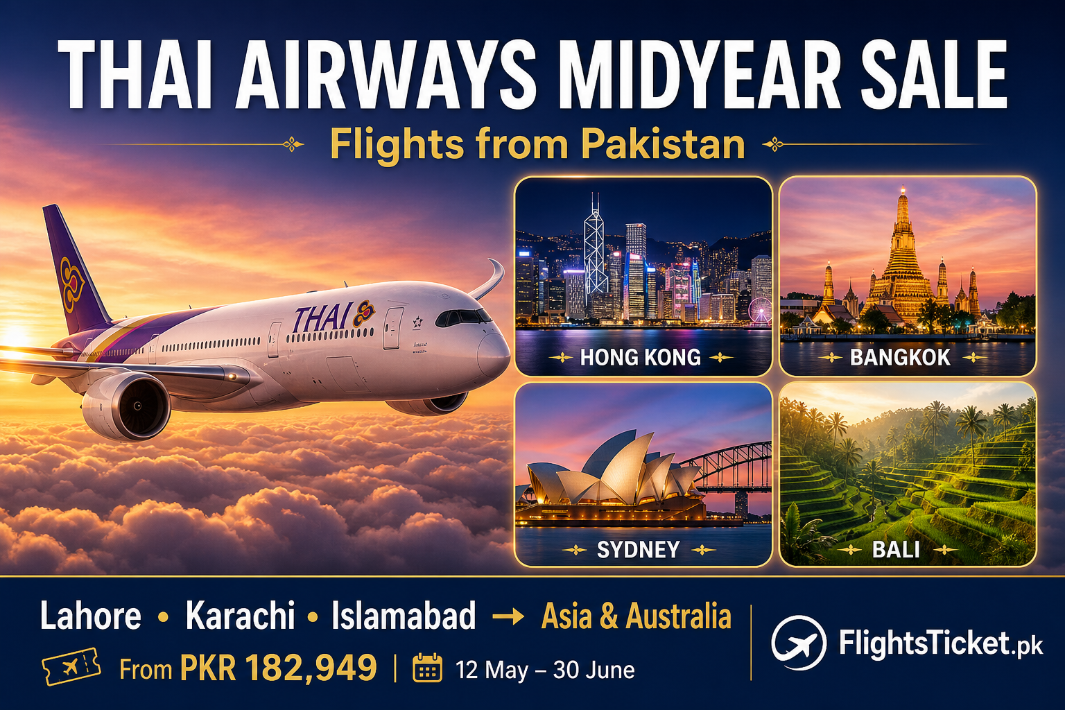 Thai Airways midyear sale for flights from Pakistan to Hong Kong, Bangkok, Sydney, and Bali.
