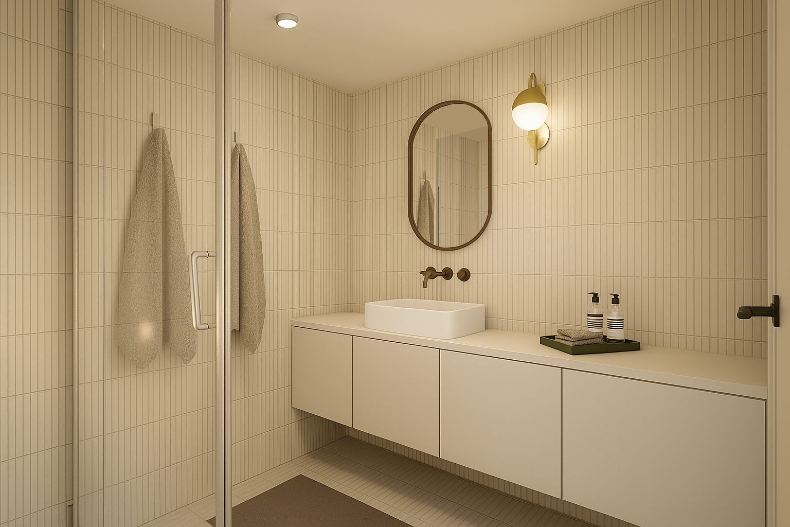 Salle de bain studio Airbnb Lyon design beige meuble vasque architecture intérieur