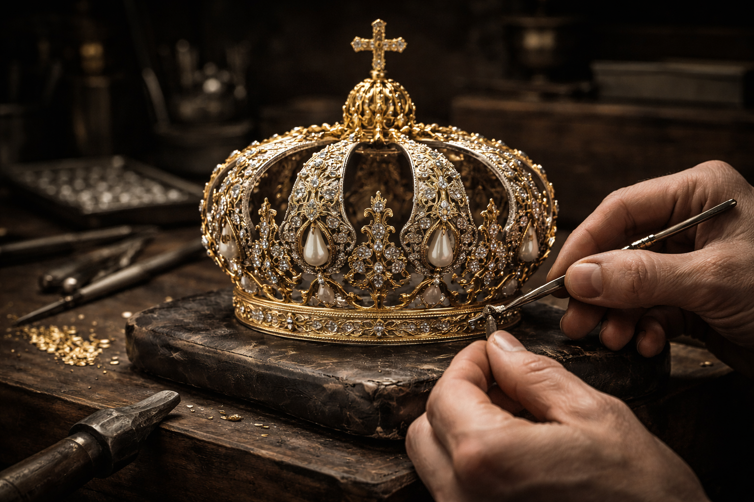 detalle corona de oro manos trabajando