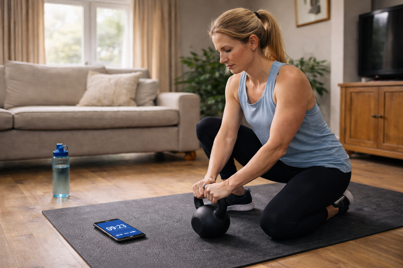 obb Sheridan personal training client using a kettlebell at home as part of her training