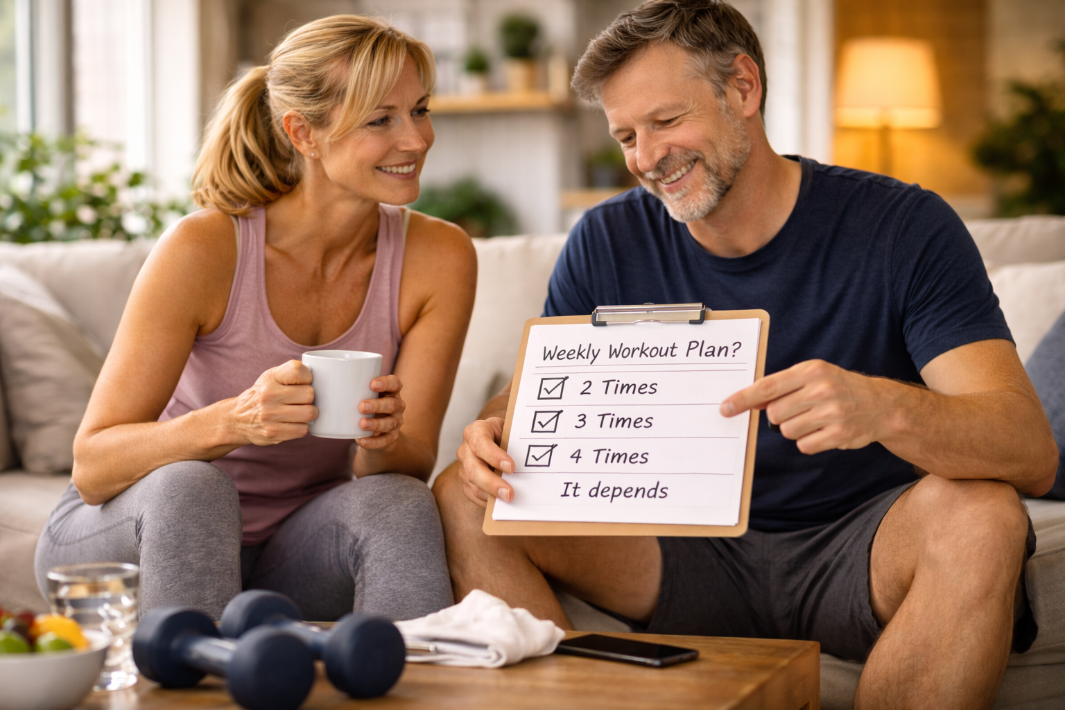 Robb Sheridan showing a couple discussing how many workouts per week fits their lifestyle
