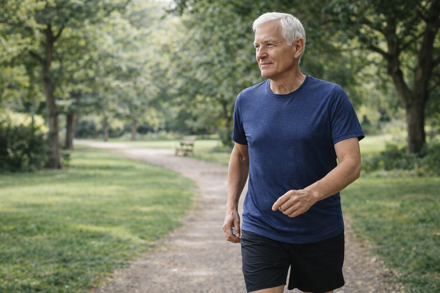 Older Robb Sheridan personal training client walking in a park for fitness