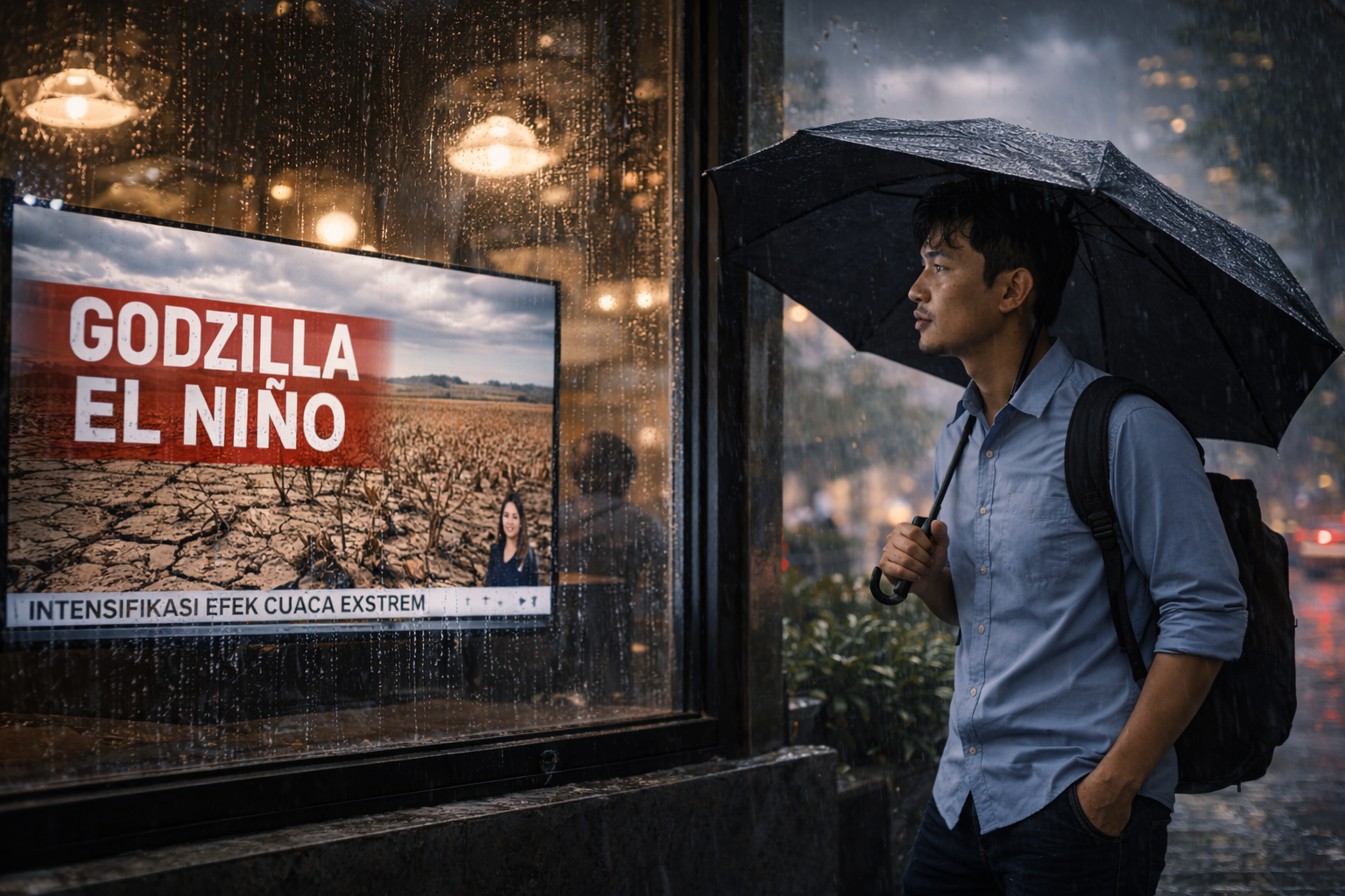 Pria berpayung menonton berita El Niño