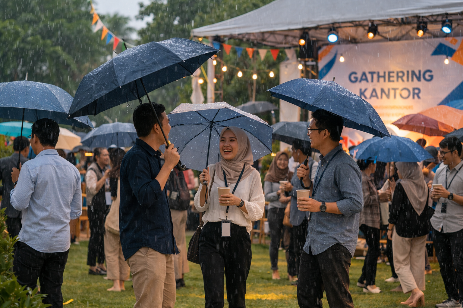 Orang-orang menggunakan payung saat menghadiri gathering kantor outdoor di tengah gerimis