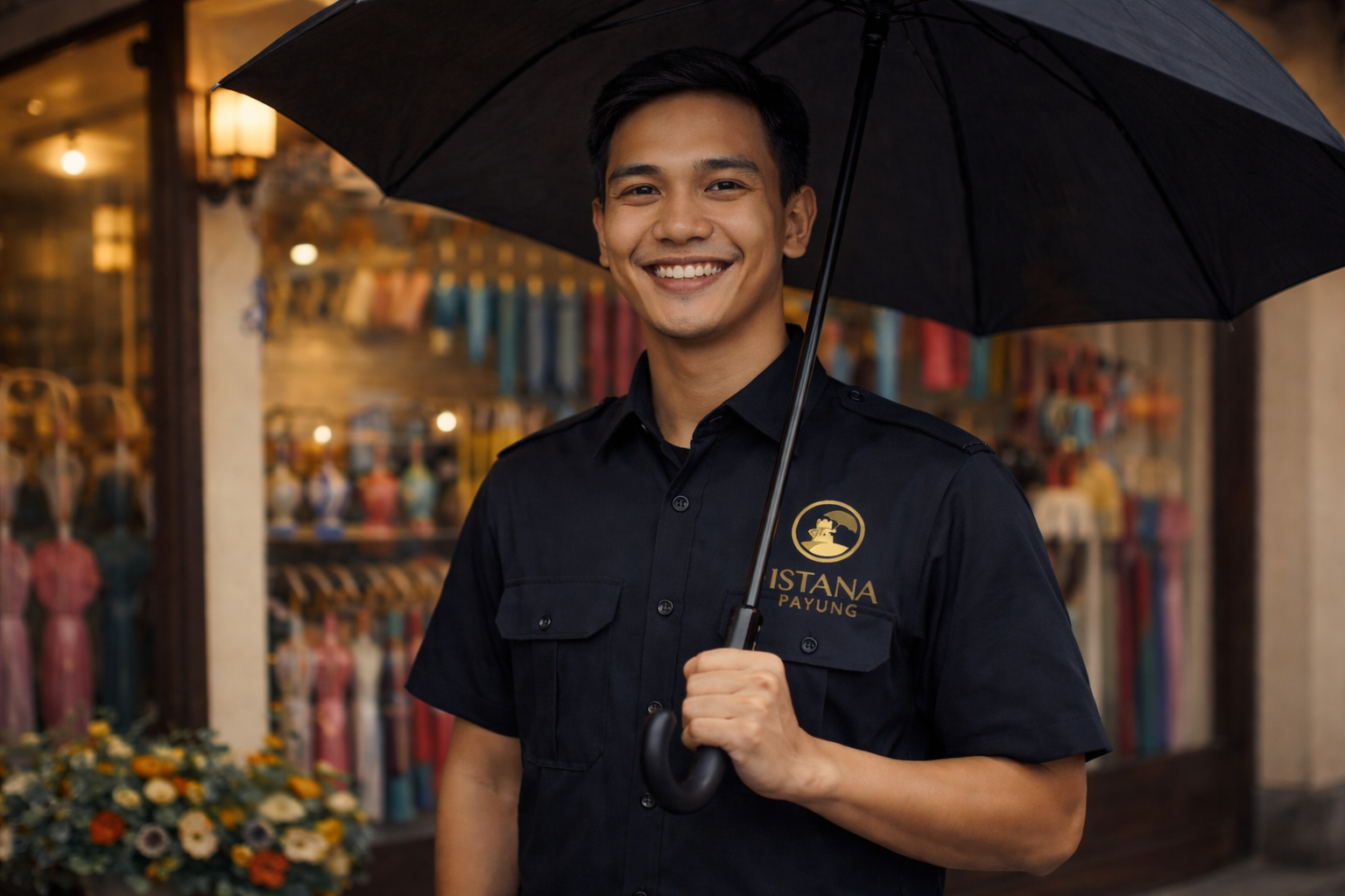 Pria tersenyum ramah sambil memegang payung