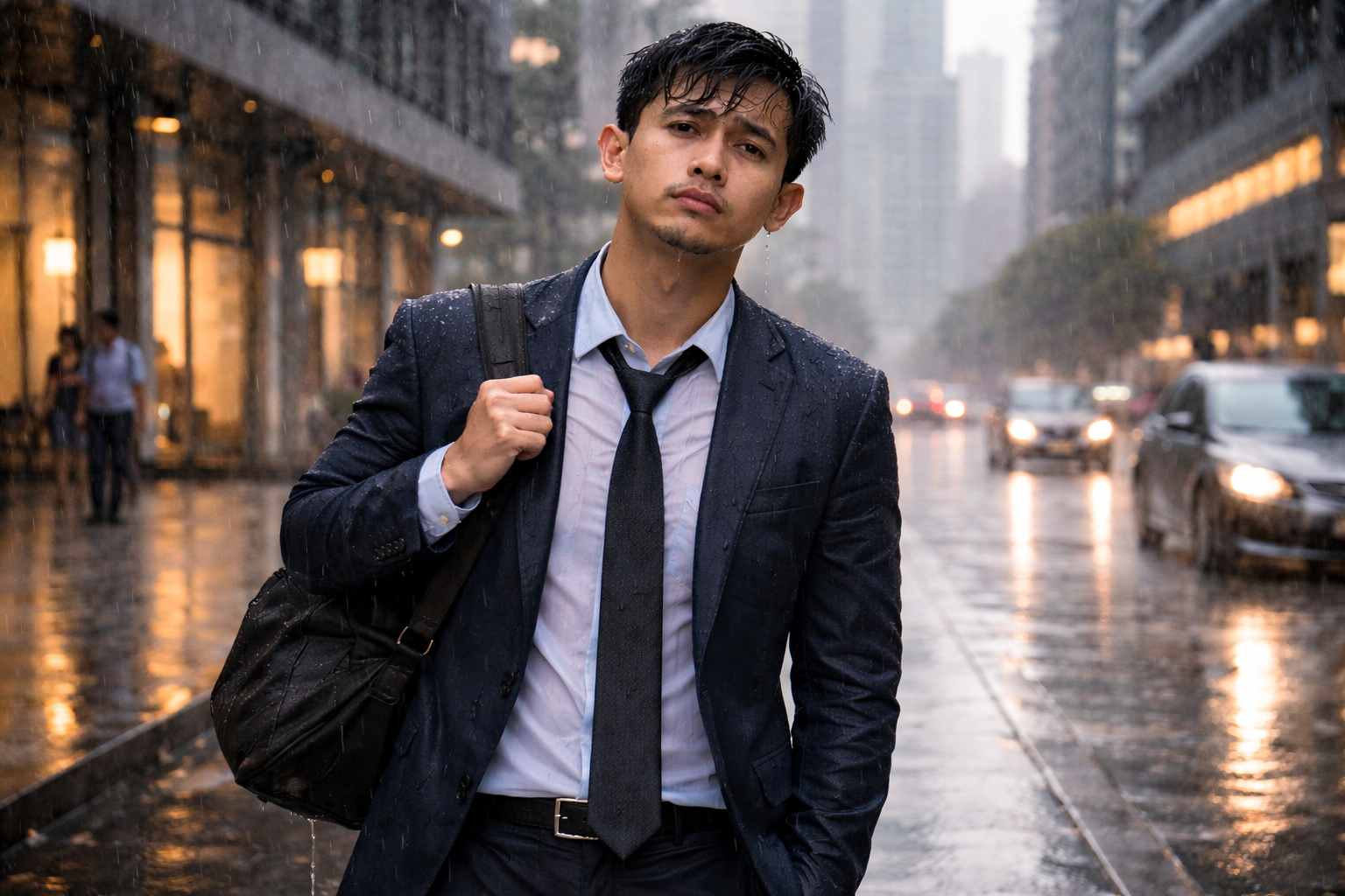 Seorang pria kehujanan karena tidak membawa payung