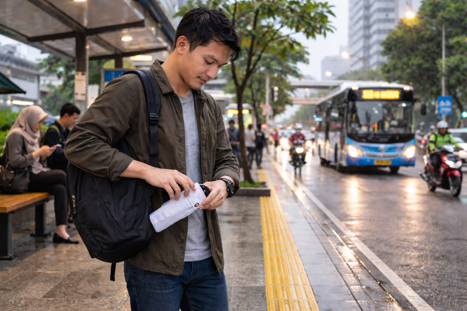 Komuter ambil payung lipat dari sisi tas