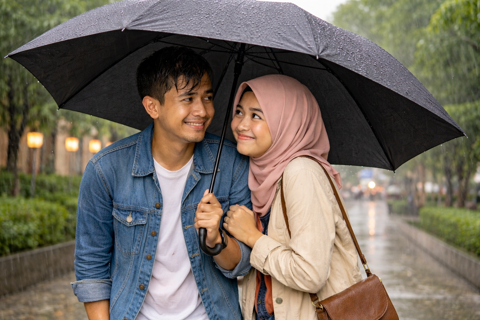 Pasangan menggunakan payung golf saat hujan