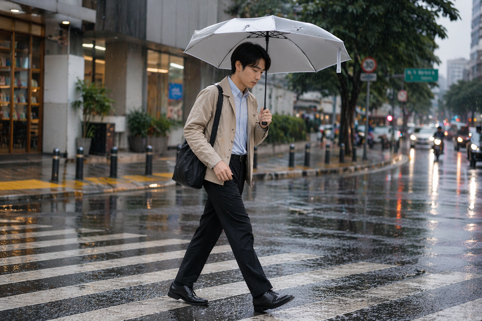 Pria menyebrang pakai payung lipat