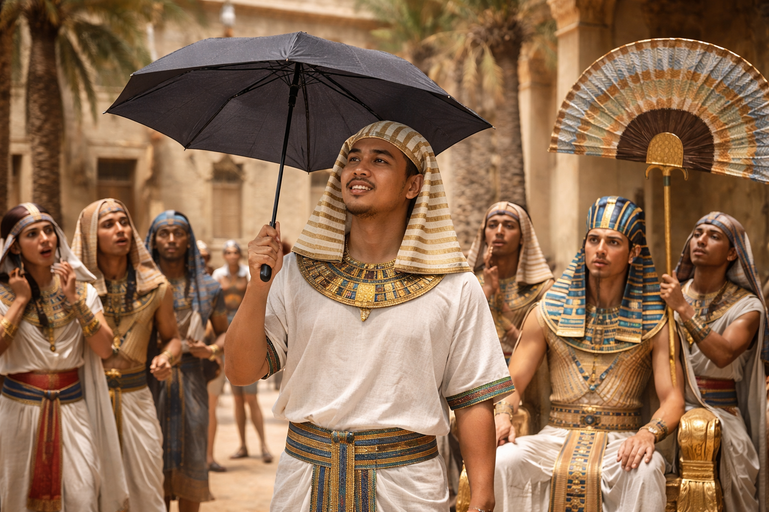 Pria pakai payung modern di Mesir Kuno