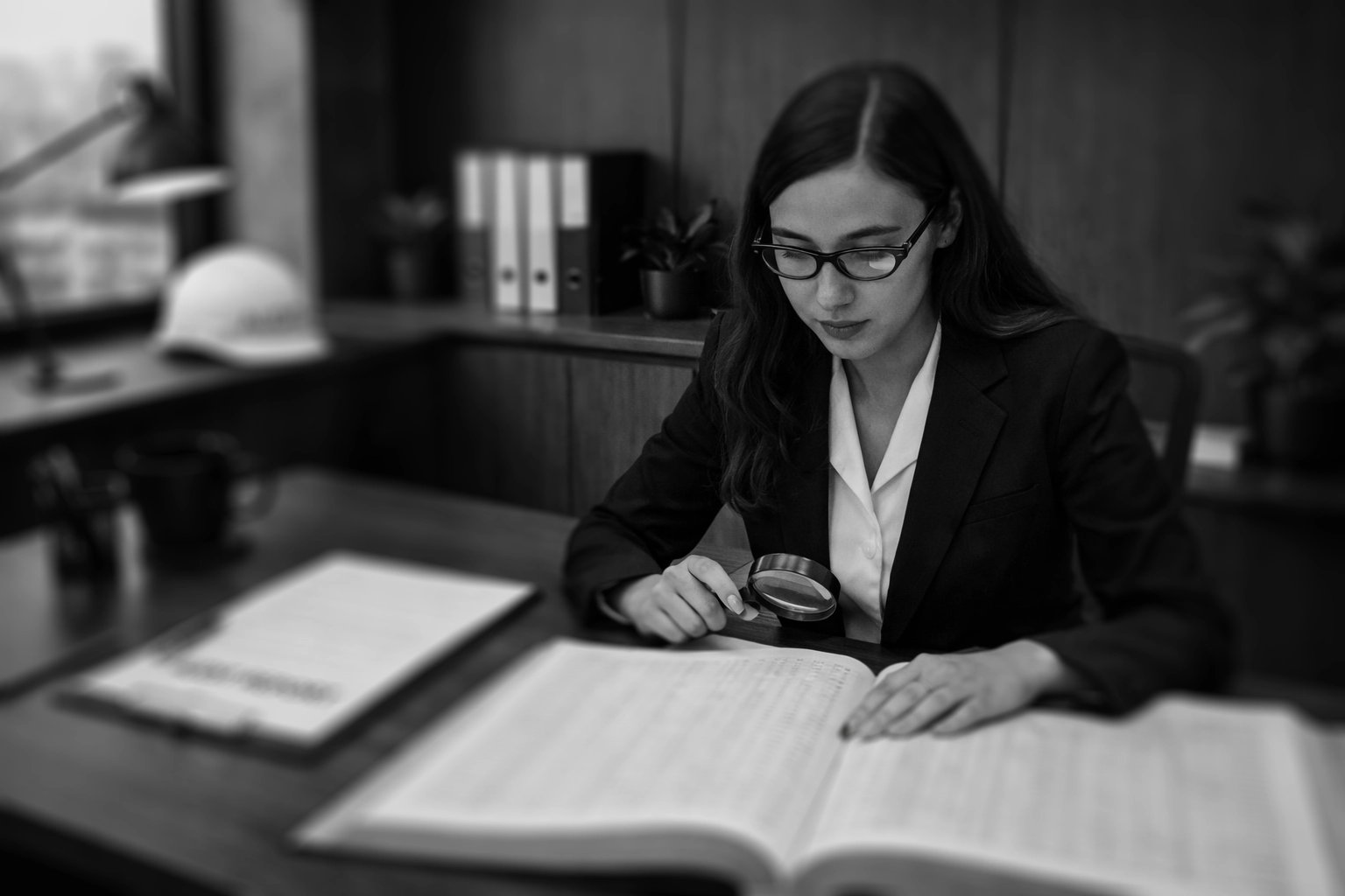 a woman sreaching with a magnifying glass through a oversized book on a desk