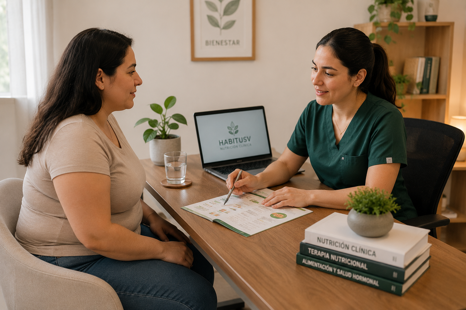 Mujer de 30 años sonriente tomando consulta personalizada de nutrición presencial. 