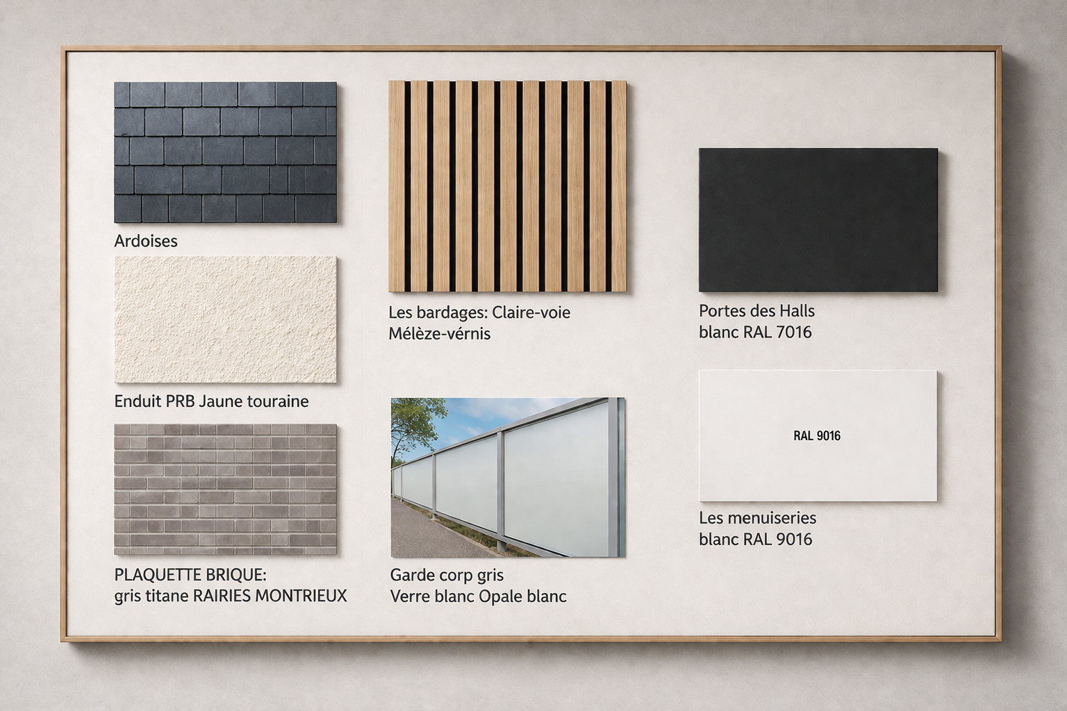 Palette de matériaux extérieurs pour résidence neuve : ardoises, bardage mélèze, enduit PRB, briquet
