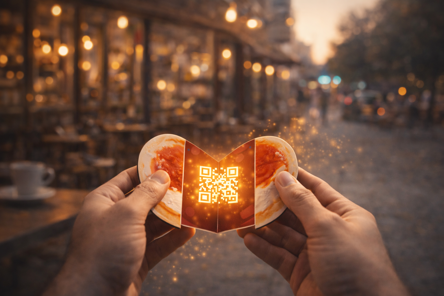 Hands holding illuminated promotional card outdoors showing venue visibility concept