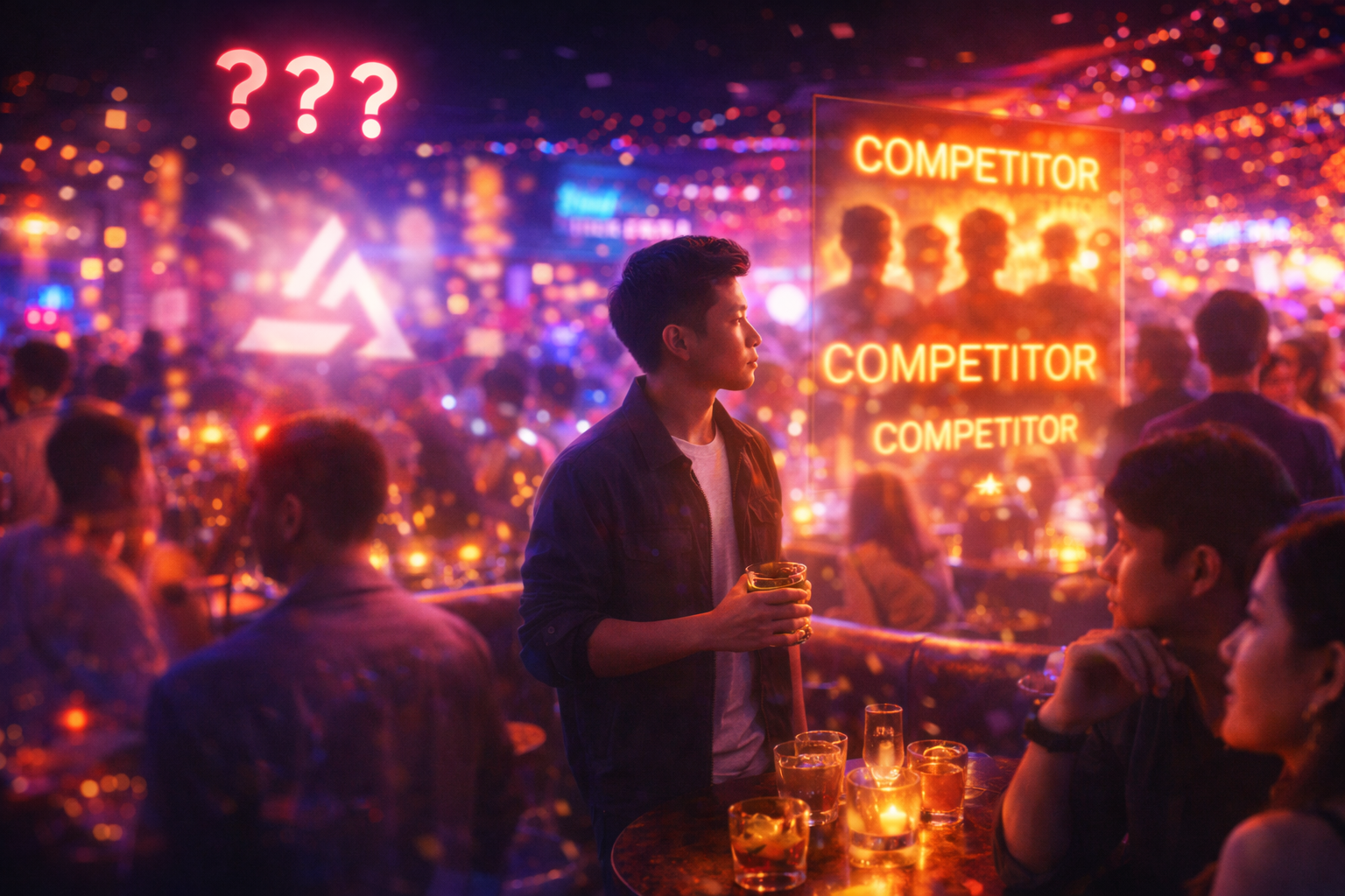 Crowded nightlife scene with competing lights representing noisy market competition