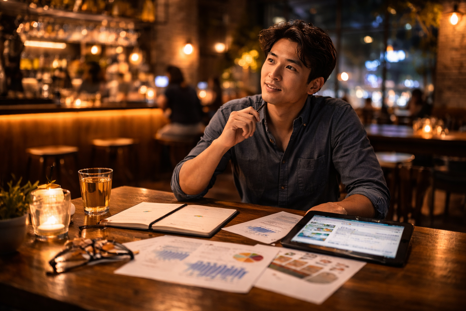 Customer reviewing menu and digital tablet at venue table representing decision and purchase consideration