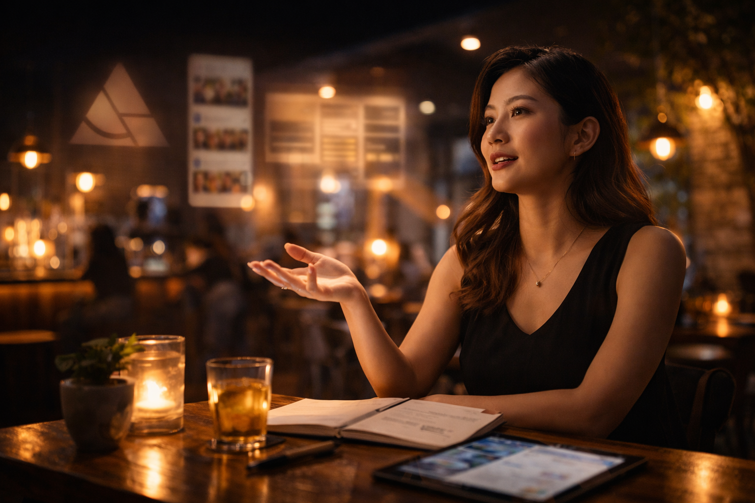 Guest discussing options at candlelit restaurant table highlighting conversational brand engagement