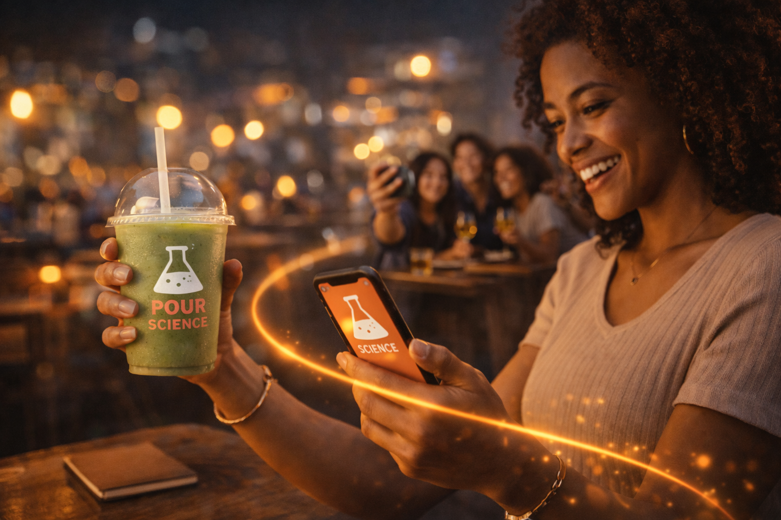 Customer smiling while using tablet at café table reflecting active hospitality customer engagement