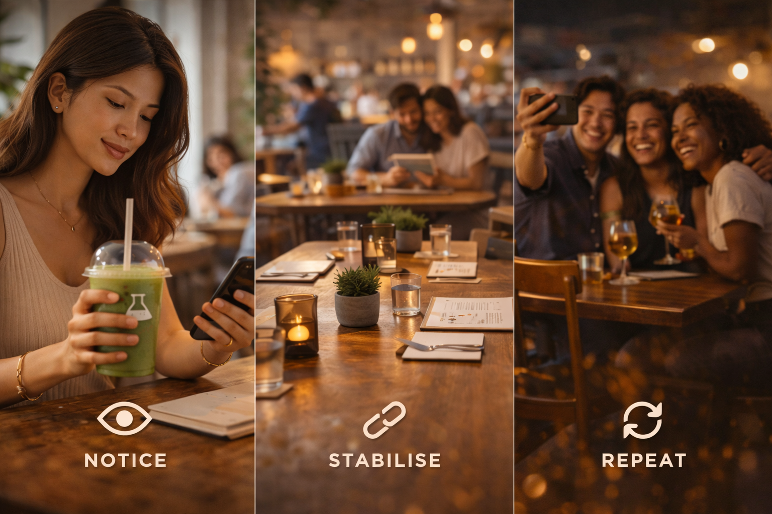 Visual breakdown of hospitality engagement stages from notice to repeat customer behavior