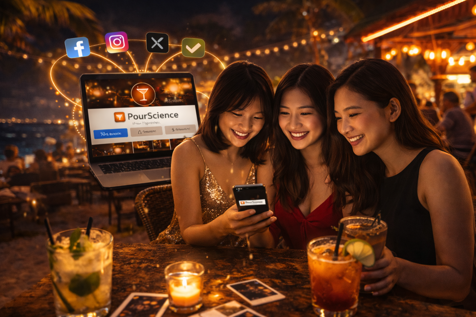 Guests viewing mobile content together while aligned social platforms reinforce hospitality brand presence