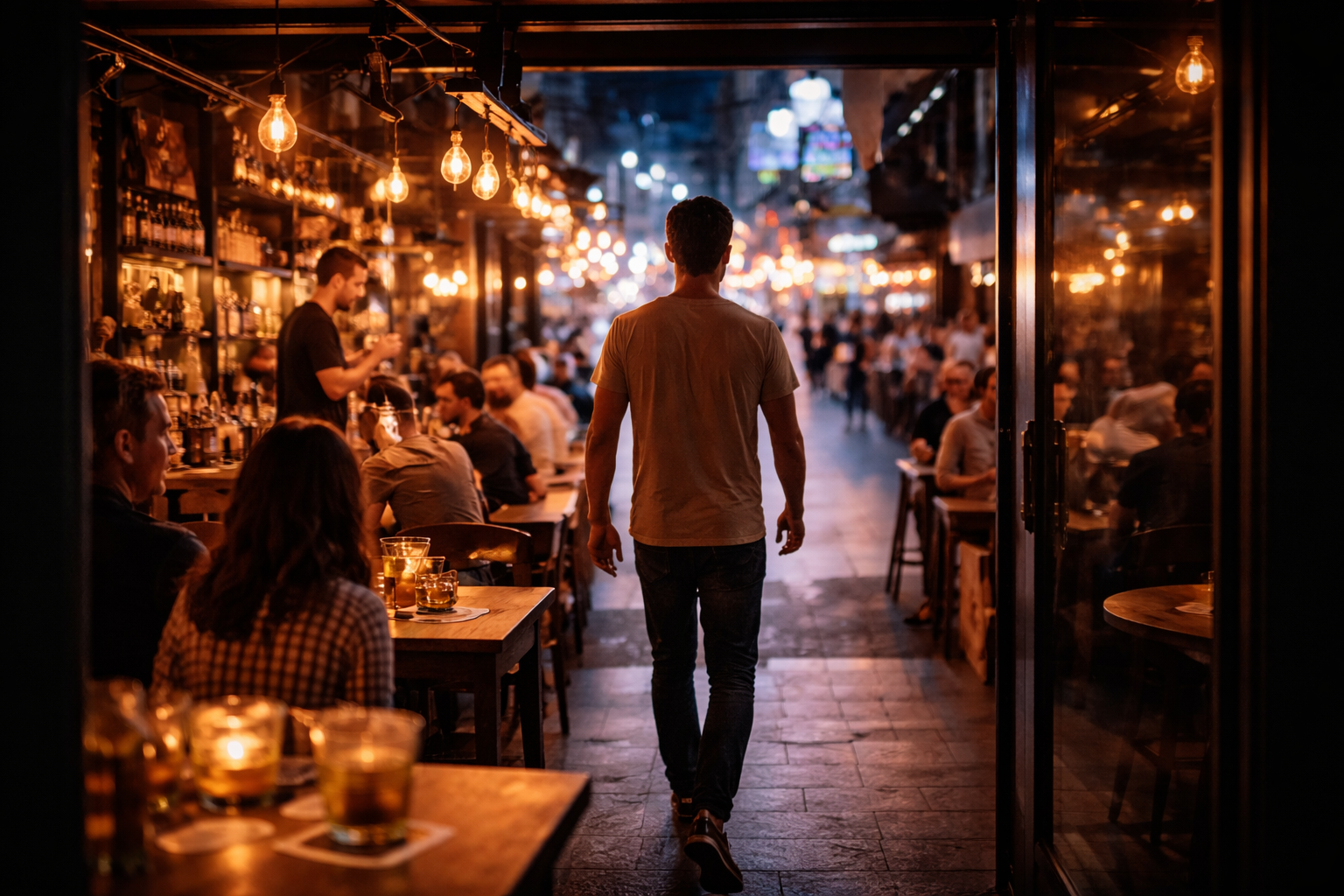 Evening hospitality venue with steady customer flow reflecting increased brand visibility and engagement