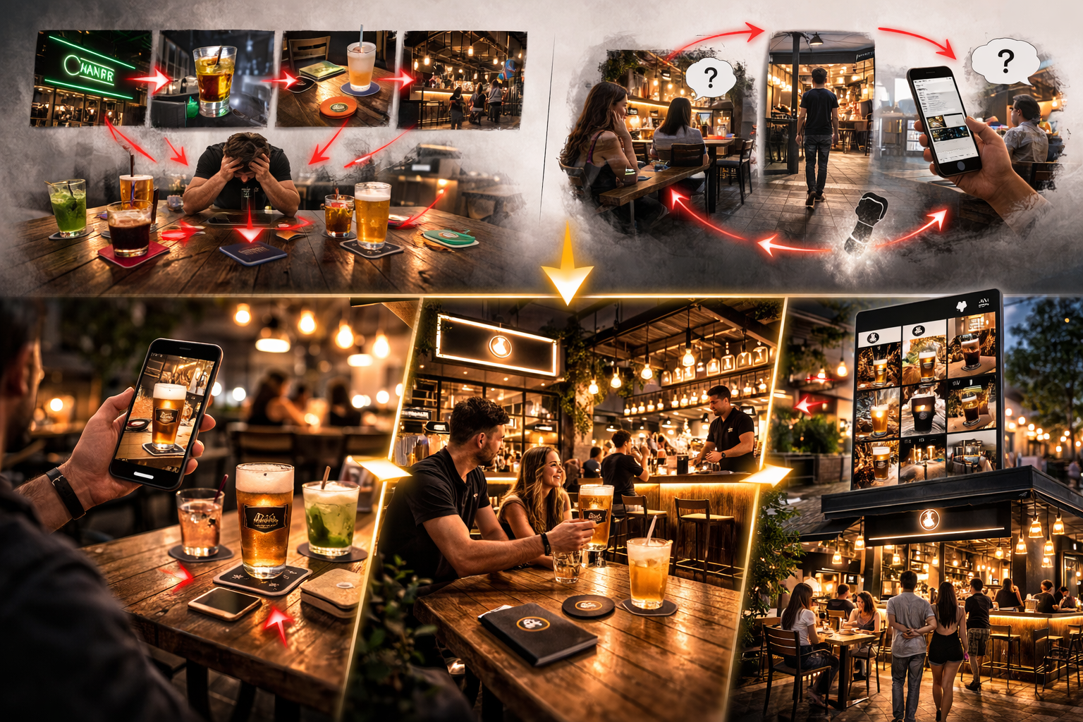 Collage showing hospitality venue setup, customer interaction and structured social activation flow