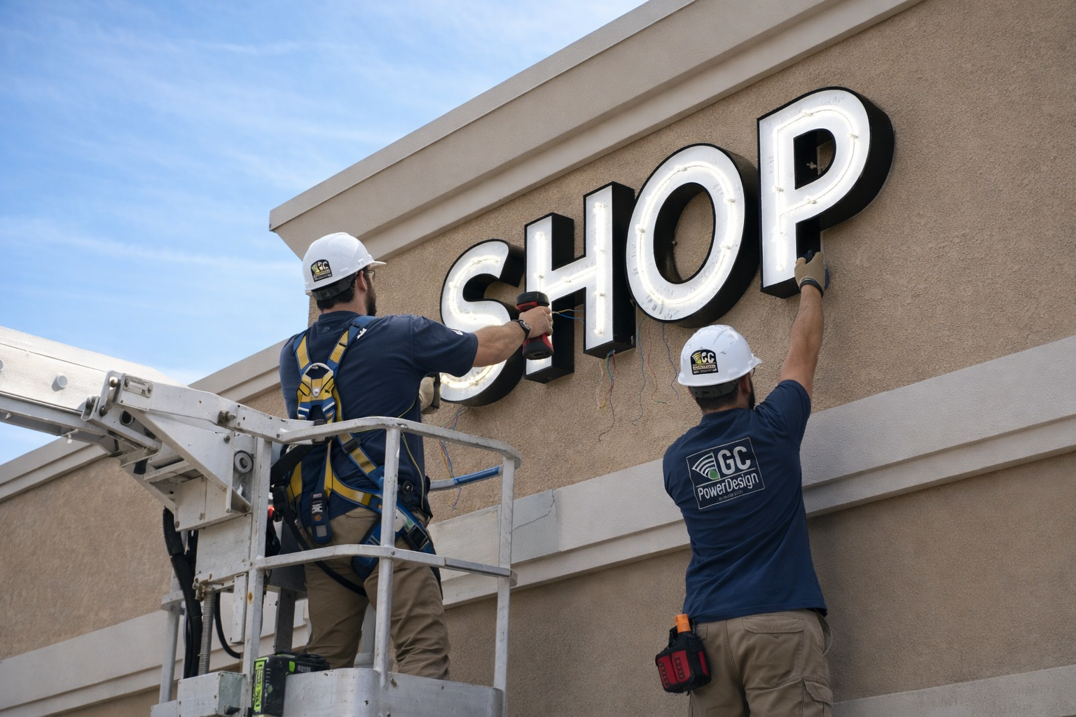 Professional sign installation team working on commercial building signage in Santa Clara
