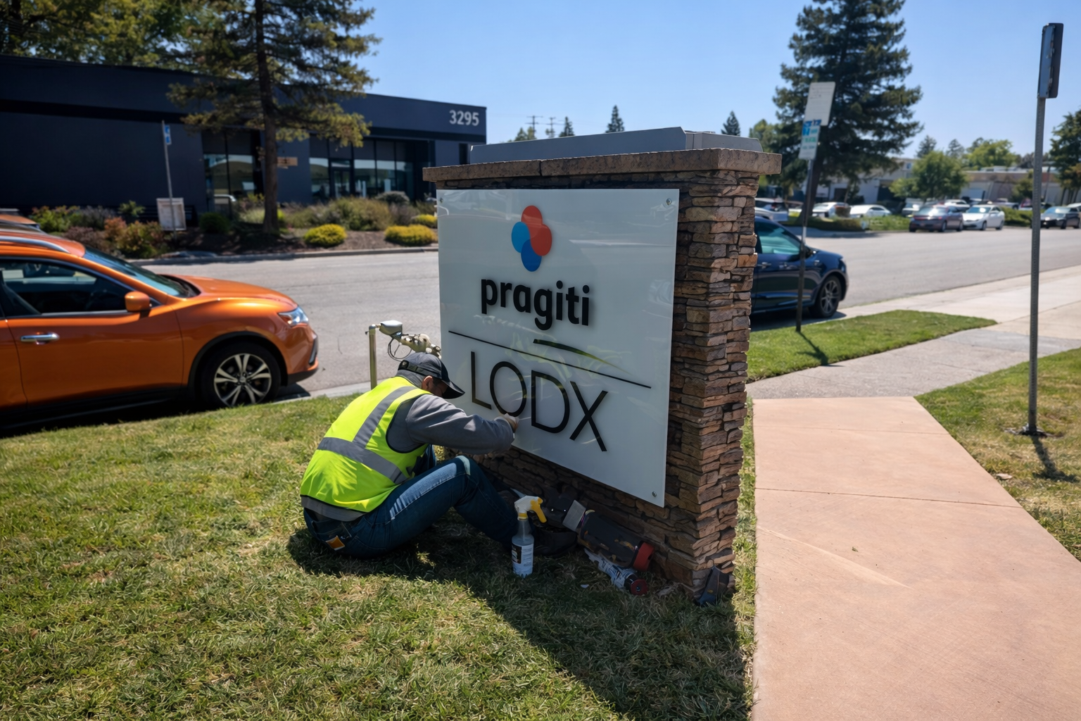 Technician installing monument sign panel for commercial property