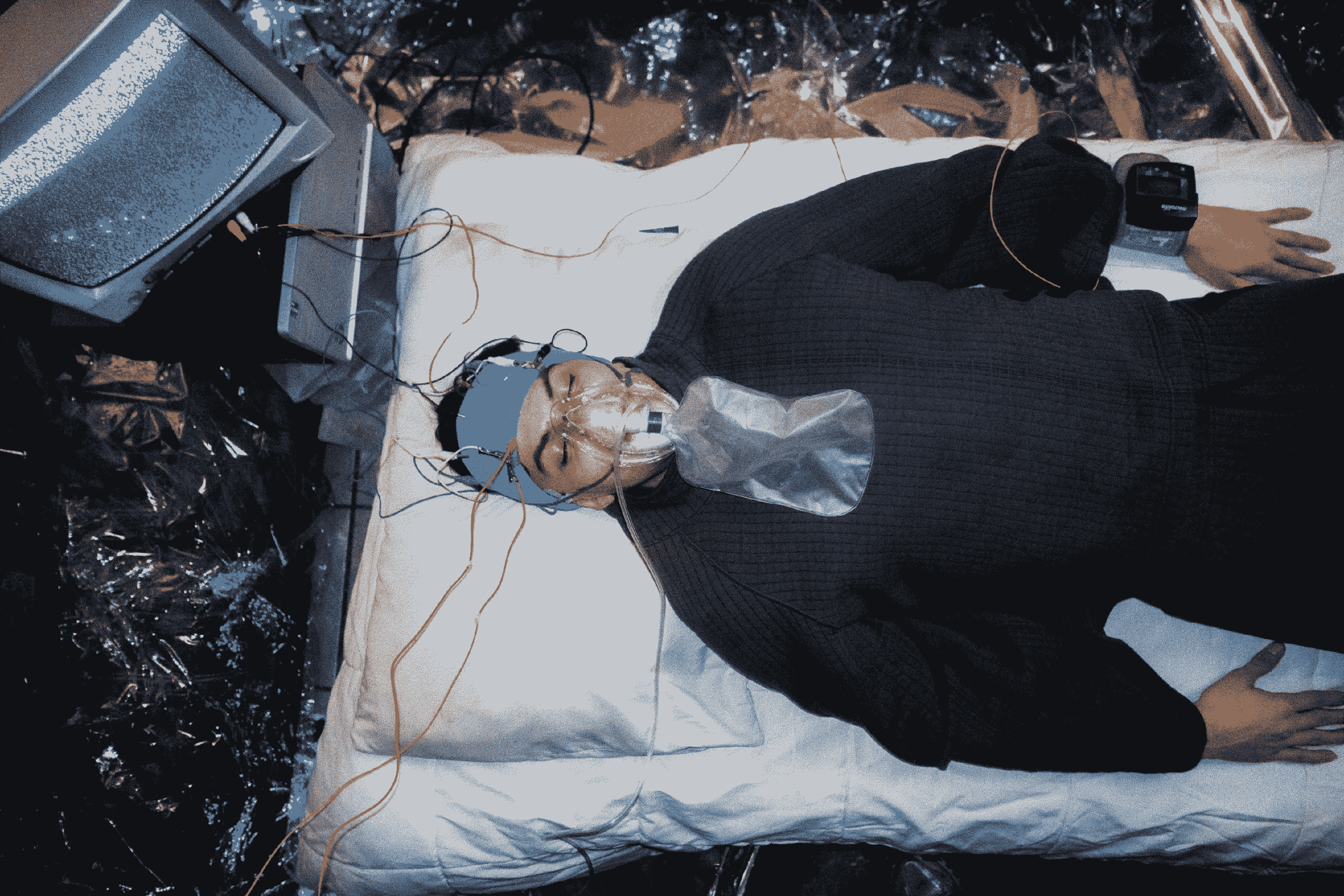 AMON with mask and wires connected to the PROP system