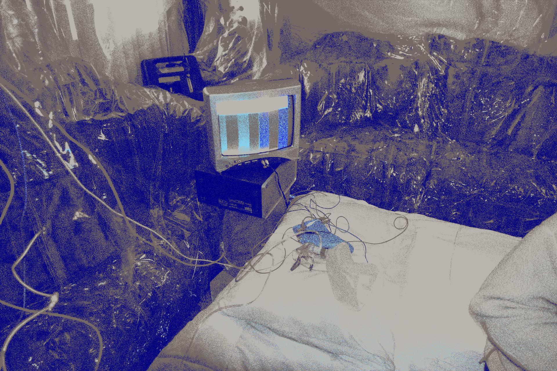 PROP system on TV screen with wires and cables surrounding