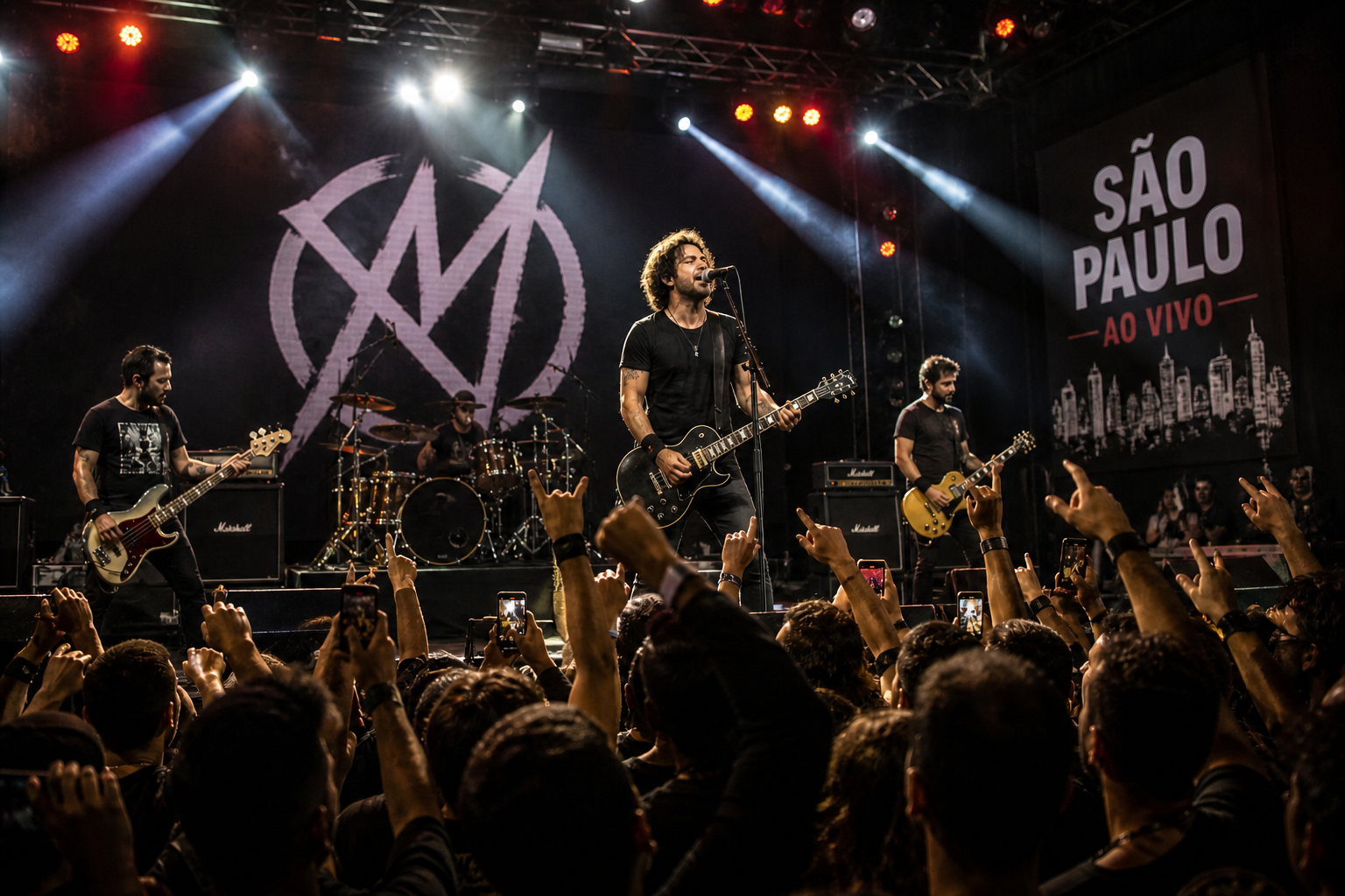 Banda de rock se apresentando ao vivo em evento em São Paulo com público animado