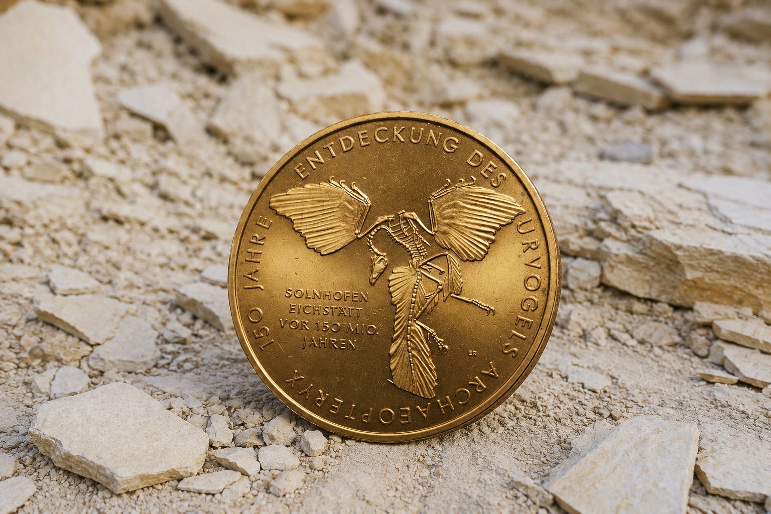 Sondermünze mit Archaeopteryx-Motiv, prähistorischer Urvogel aus dem Jura
