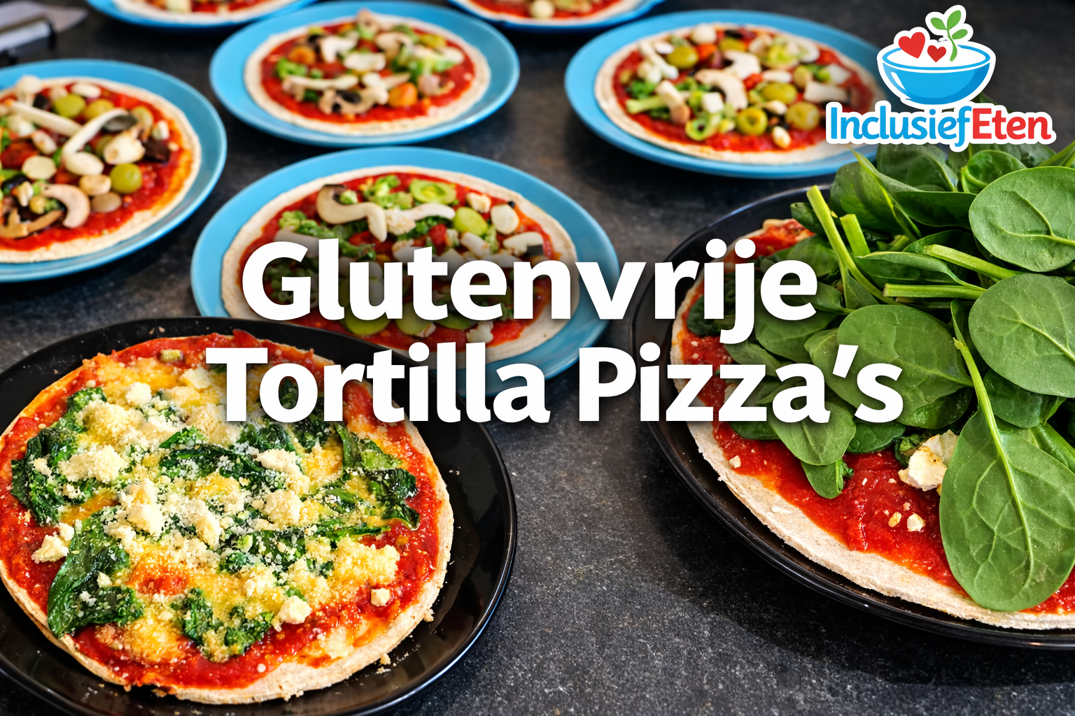 Homemade gluten-free tortilla pizzas with fresh spinach, mushrooms, and cheese on blue and black plates.