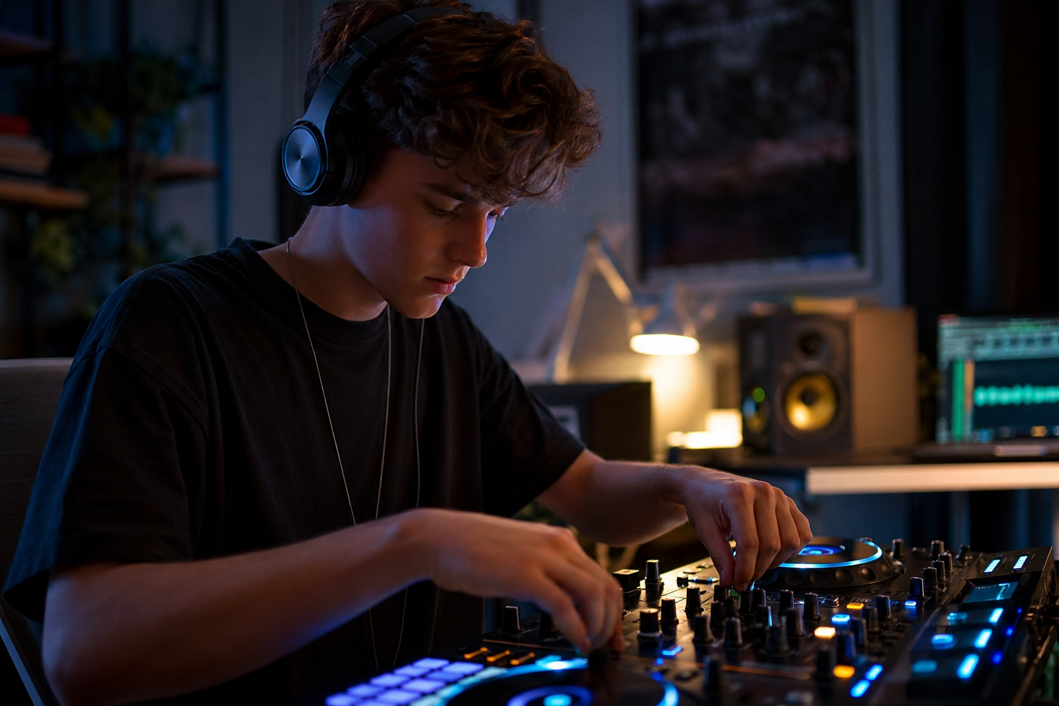 DJ iniciante aprendendo mixagem em setup profissional com controladora