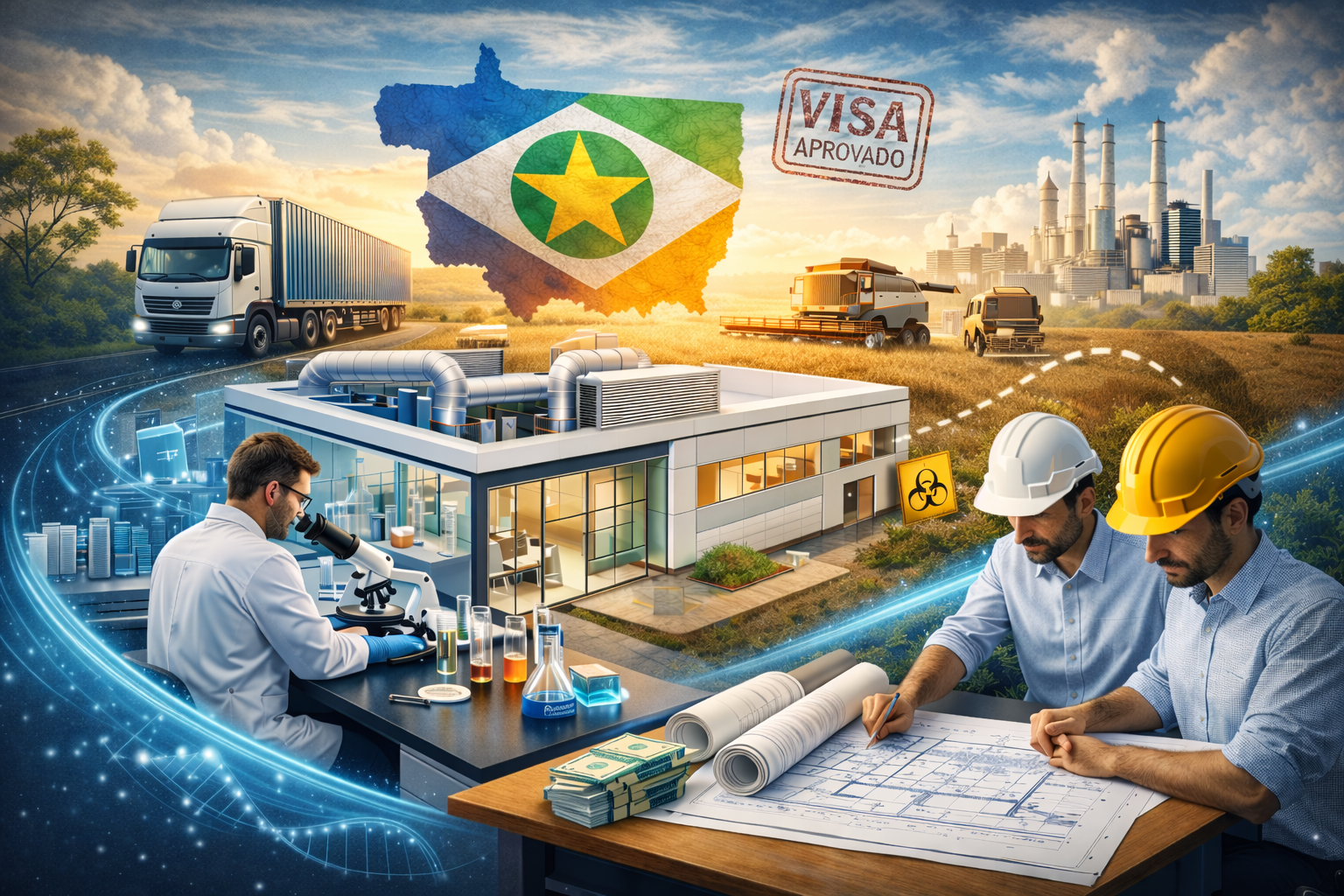 Laboratório moderno com cientista analisando amostras e profissionais planejando projeto técnico.