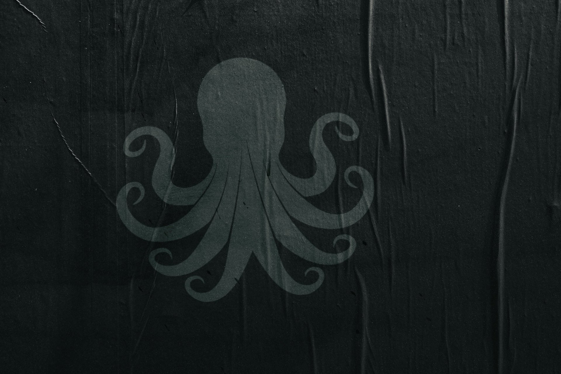 A gray octopus silhouette printed on a dark, wrinkled black paper texture background.