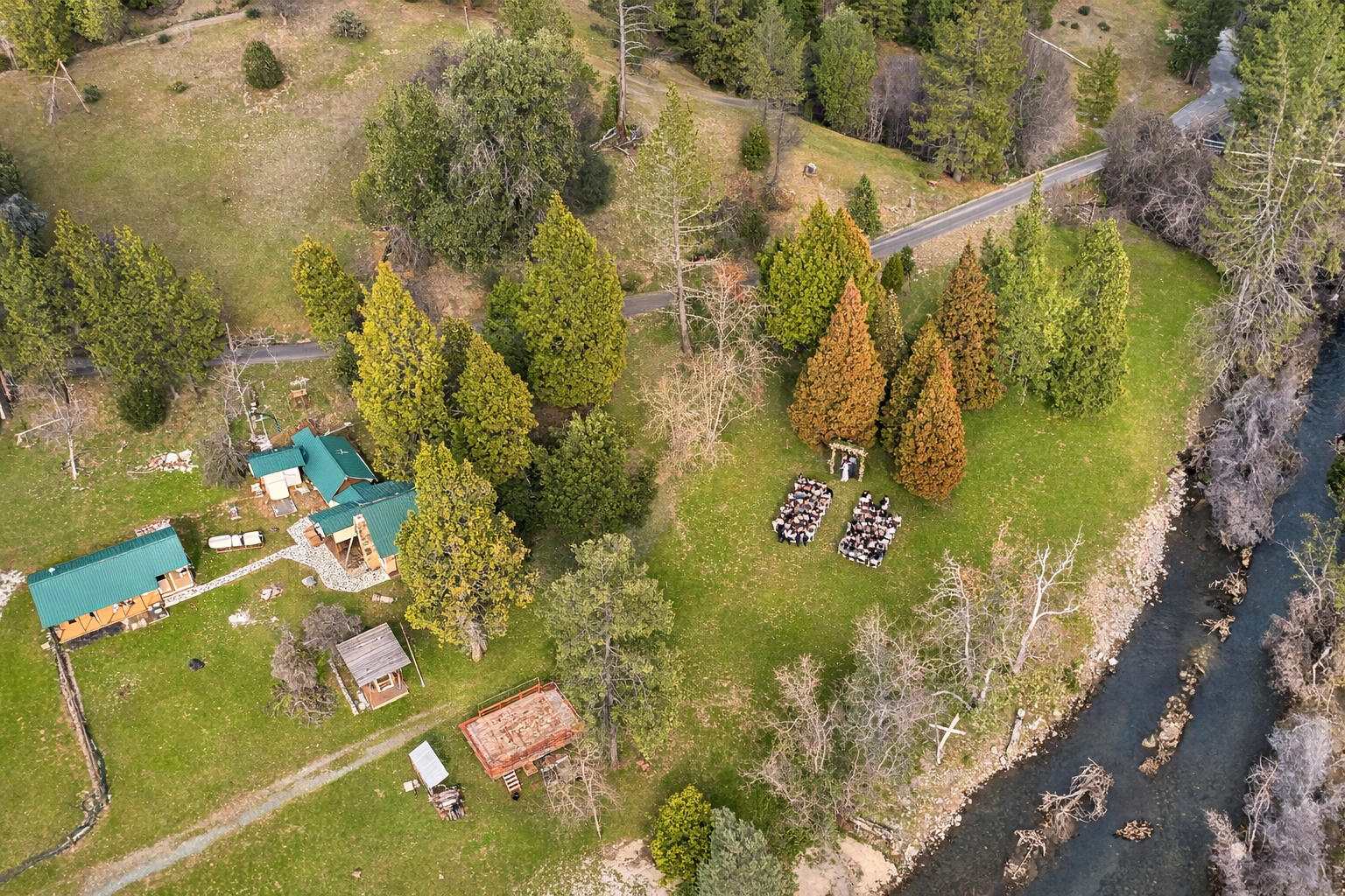 Birdseye view of wedding ceremony at Creekside Meadow at Kowana Valley