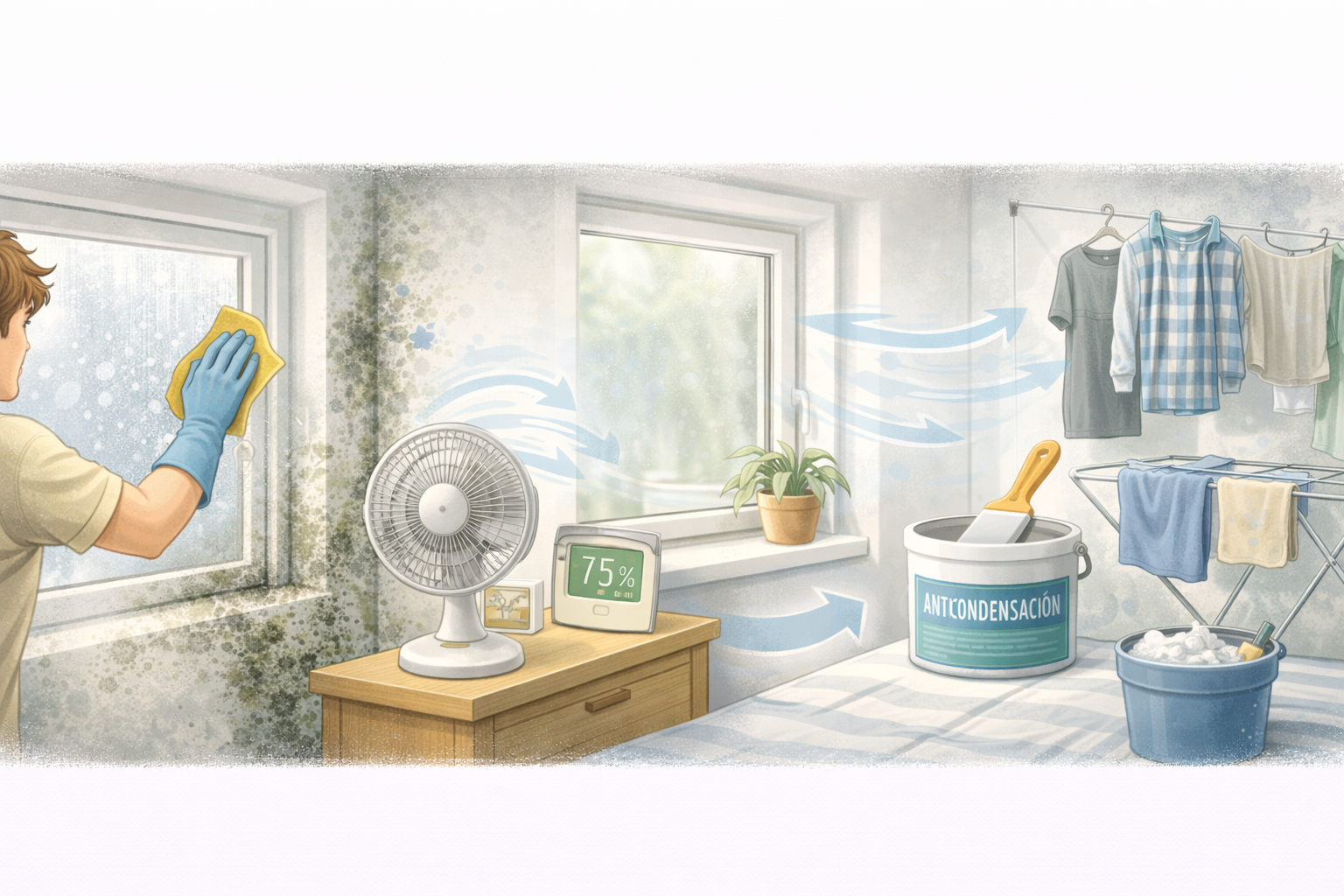 Ventilador frente a una pared con manchas de humedad y condensación.