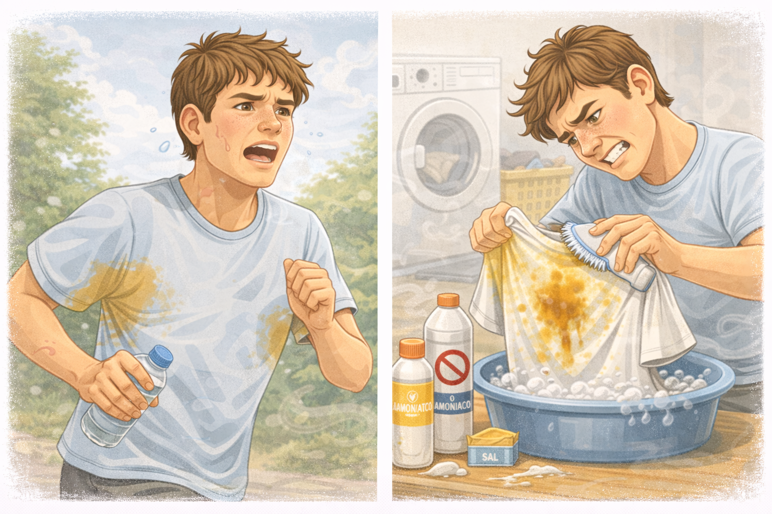 Persona frotando con un cepillo una camiseta con manchas amarillas.