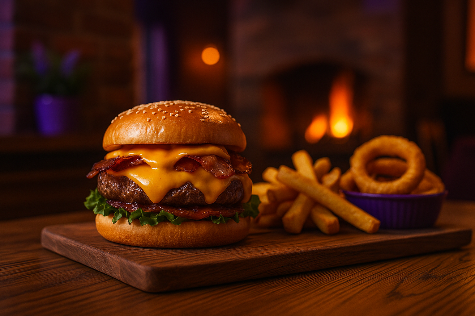 Hamburguesa con papas y aros de cebolla estilo norteño